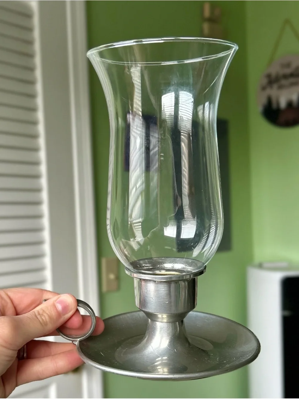 Vintage Glass Hurricane Candle Holder with Chamber Style Handle